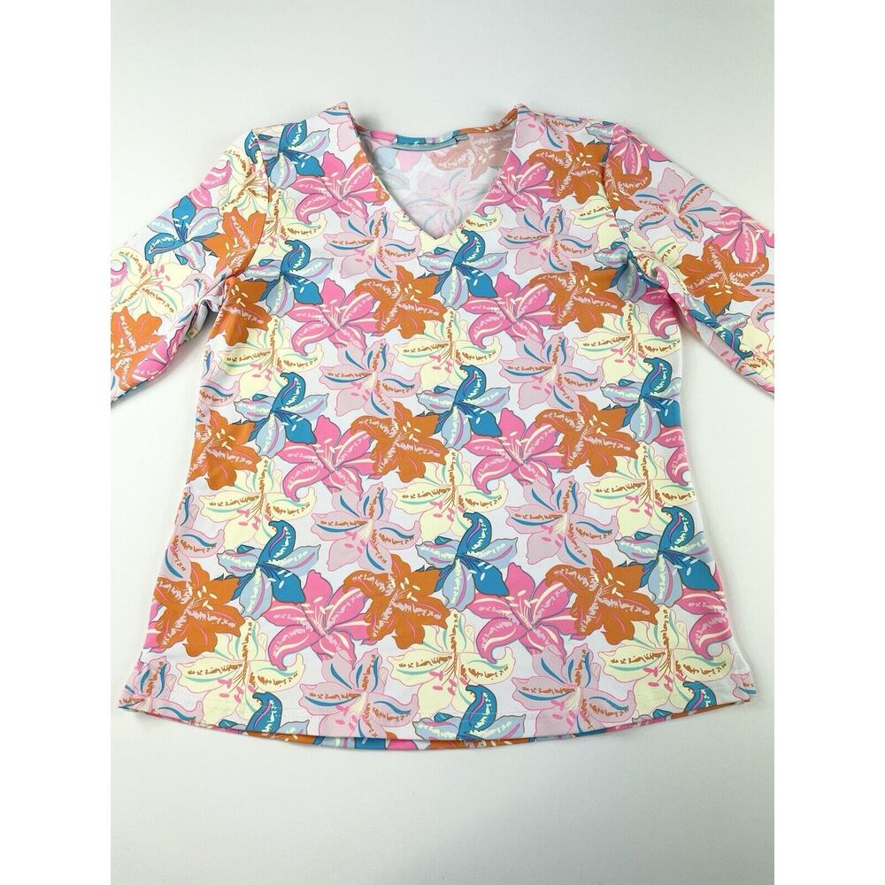 Anthony’s Resort Wear 3/4 Sleeve Top Sz Small Floral Hibiscus Pink Blue Orange